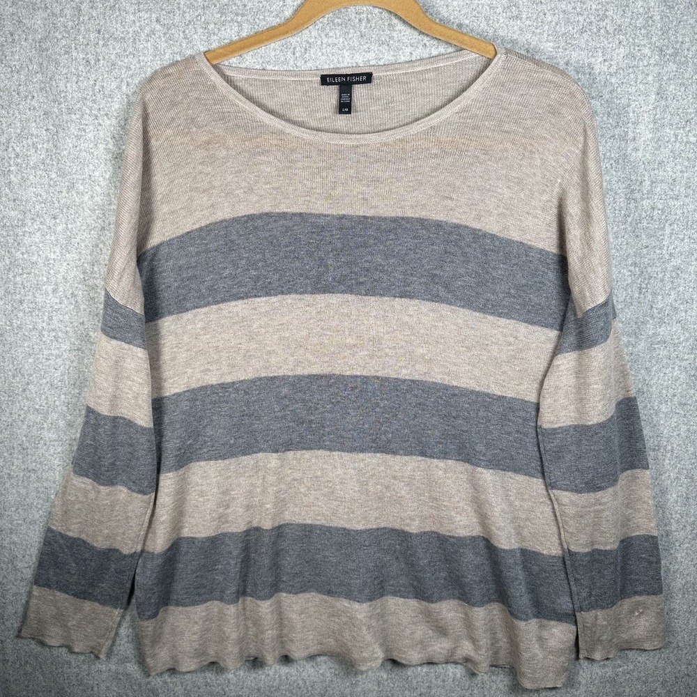 Eileen Fisher Large Sweater Striped Lightweight‎ Wool Blend Long Sleeve Thin